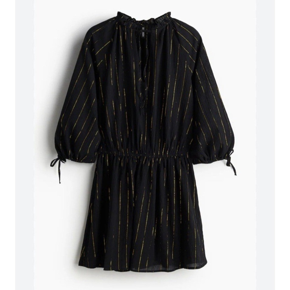 H&M Divided Black Gold Metallic Pinstripe Ruffle Puff Sleeve Mini Dress Size L